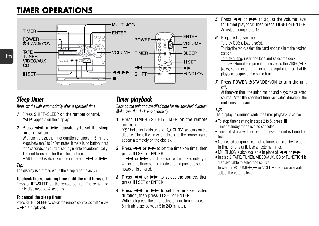 Timer operations, Sleep timer, Timer playback | 18 en | Aiwa NSX-D30 User Manual | Page 18 / 22