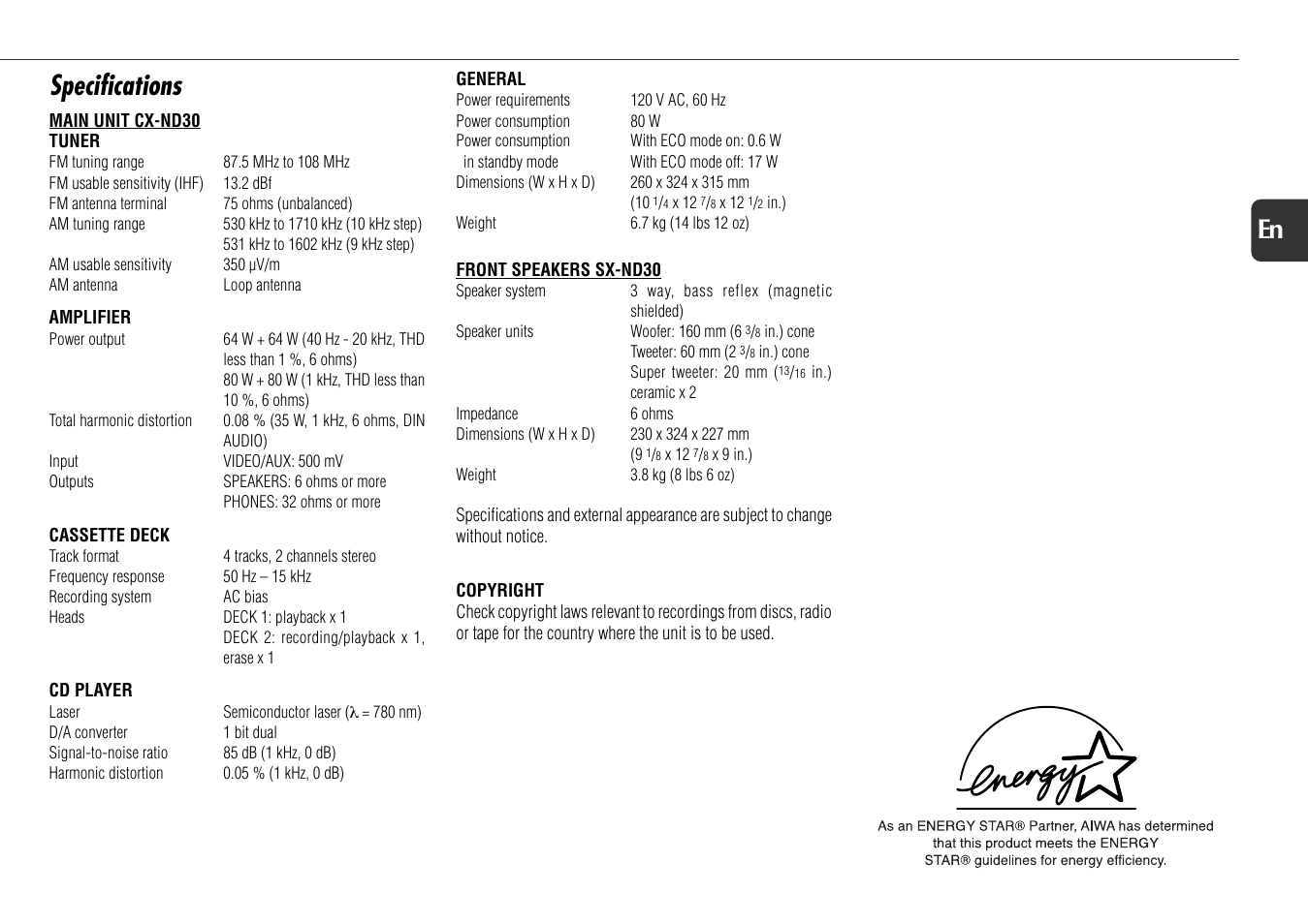 Specifications, 21 en | Aiwa NSX-D30 User Manual | Page 21 / 22