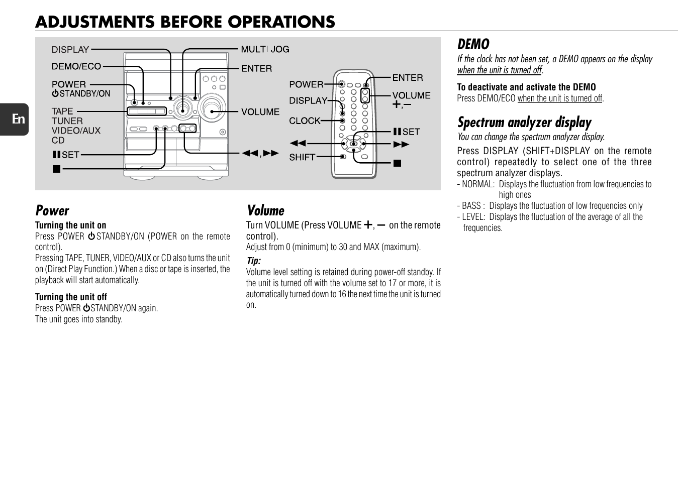 Adjustments before operations, Power, Demo | Spectrum analyzer display, Volume | Aiwa NSX-D30 User Manual | Page 8 / 22
