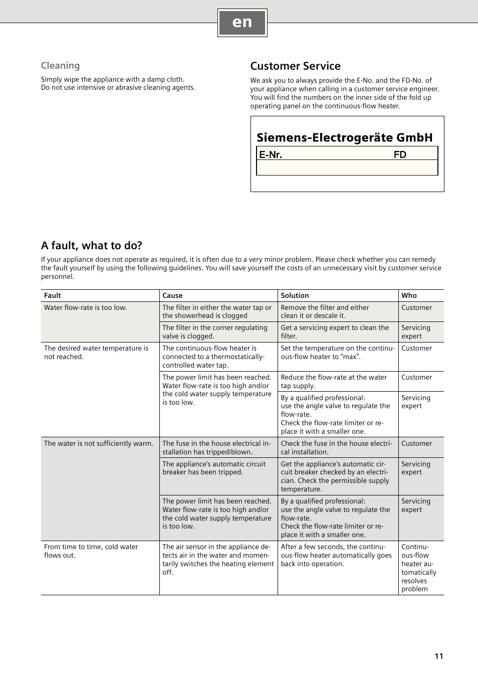 Customer service, A fault, what to do, Cleaning | Siemens DE18401 User Manual | Page 11 / 48