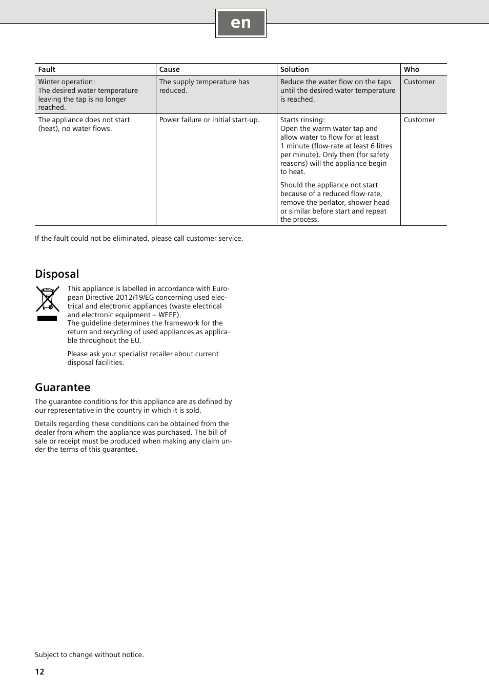 Disposal, Guarantee | Siemens DE18401 User Manual | Page 12 / 48