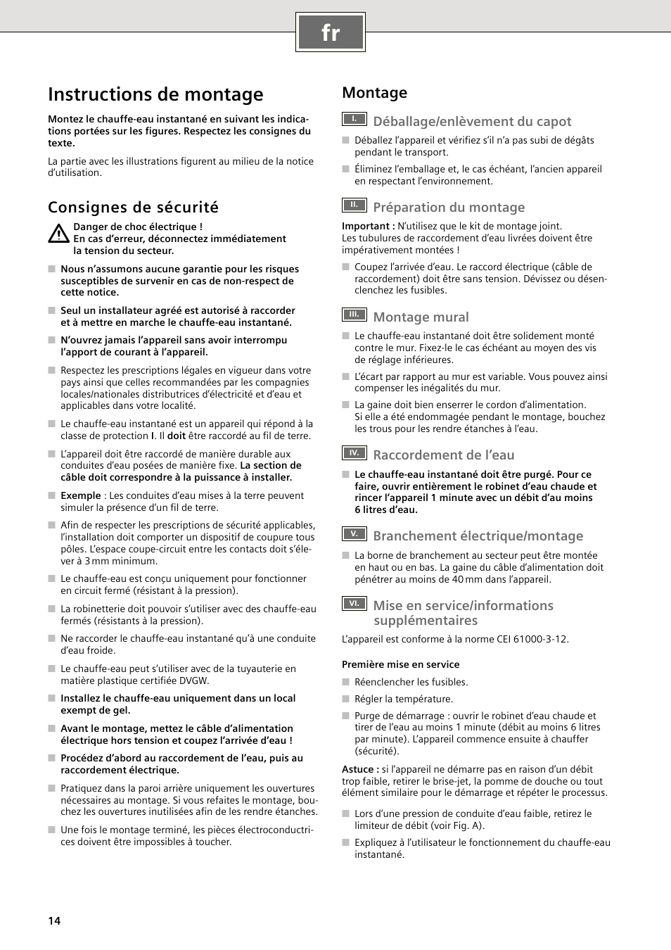 Instructions de montage, Consignes de sécurité, Montage | Déballage/enlèvement du capot, Préparation du montage, Montage mural, Raccordement de l’eau, Branchement électrique/montage, Mise en service/informations supplémentaires | Siemens DE18401 User Manual | Page 14 / 48