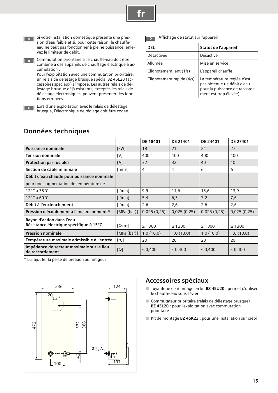 Données techniques, Accessoires spéciaux | Siemens DE18401 User Manual | Page 15 / 48