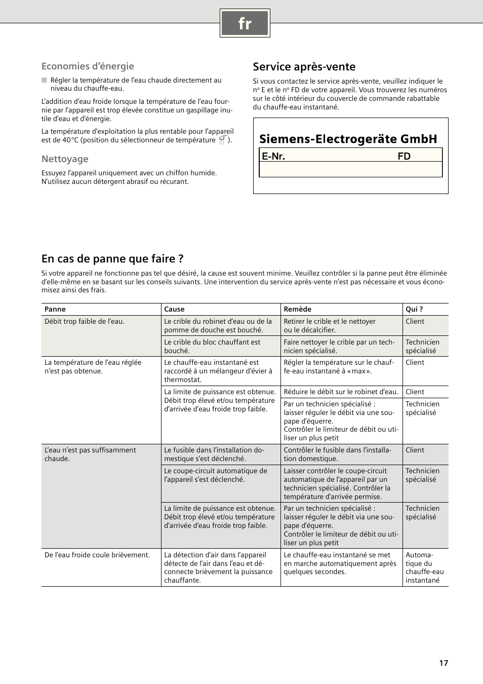 Service après-vente, En cas de panne que faire, Economies d’énergie | Nettoyage | Siemens DE18401 User Manual | Page 17 / 48