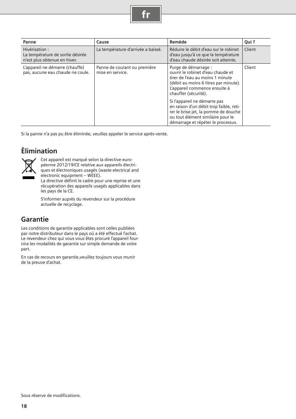 Èlimination, Garantie | Siemens DE18401 User Manual | Page 18 / 48