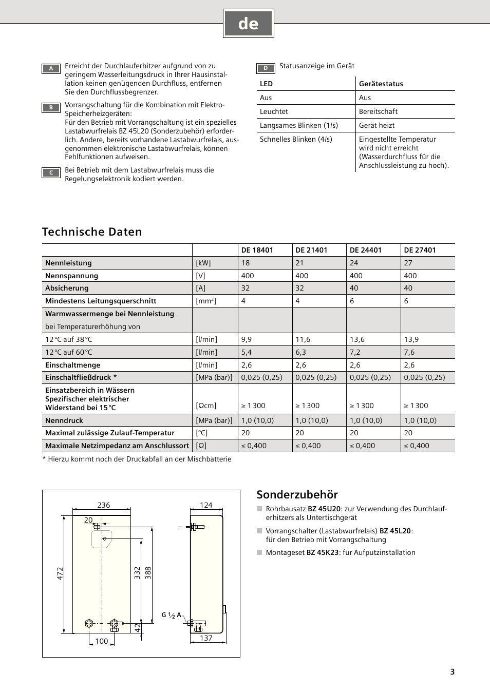 Technische daten, Sonderzubehör | Siemens DE18401 User Manual | Page 3 / 48