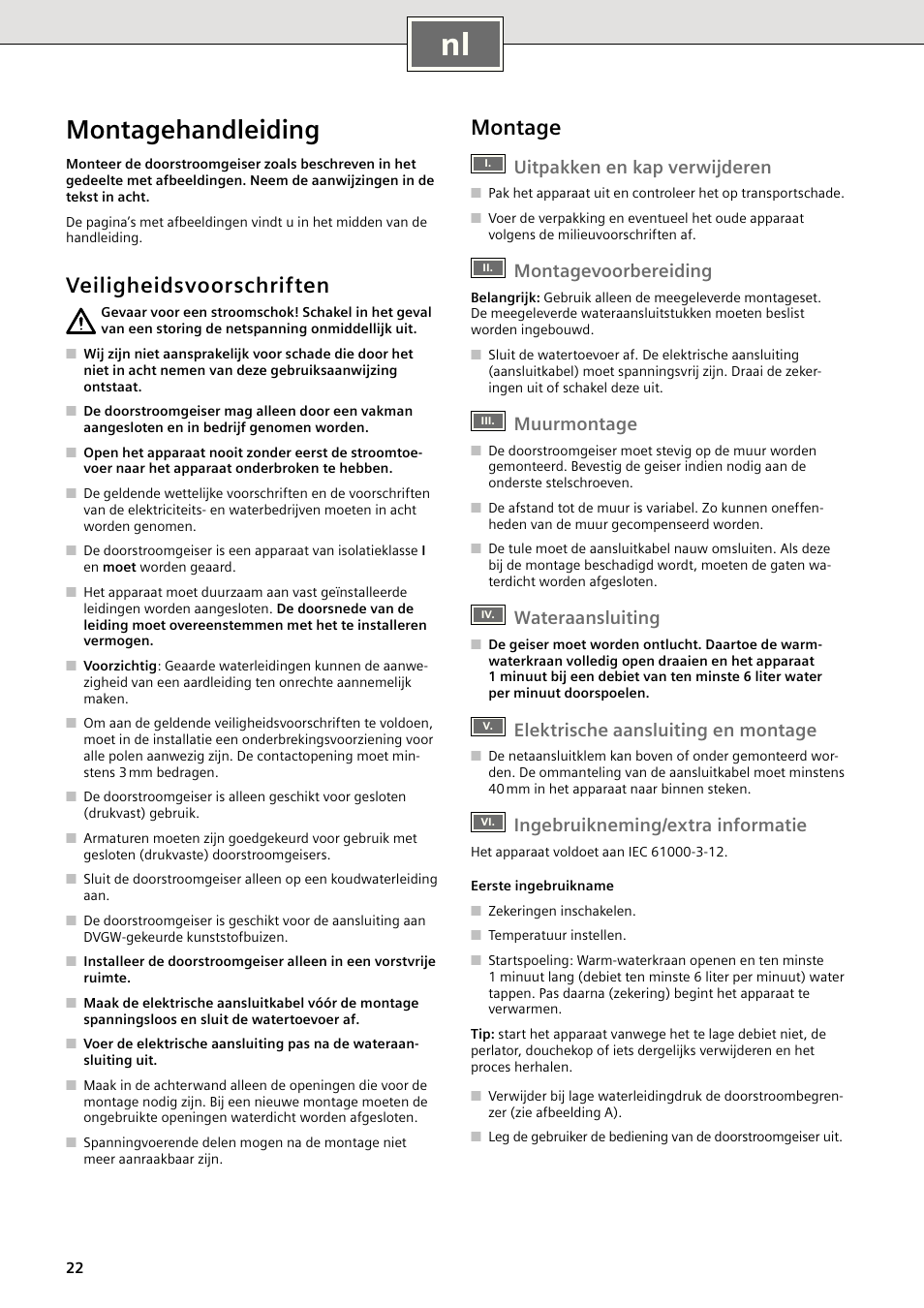 Montagehandleiding, Veiligheidsvoorschriften, Montage | Uitpakken en kap verwijderen, Montagevoorbereiding, Muurmontage, Wateraansluiting, Elektrische aansluiting en montage, Ingebruikneming/extra informatie | Siemens DE18401 User Manual | Page 30 / 48