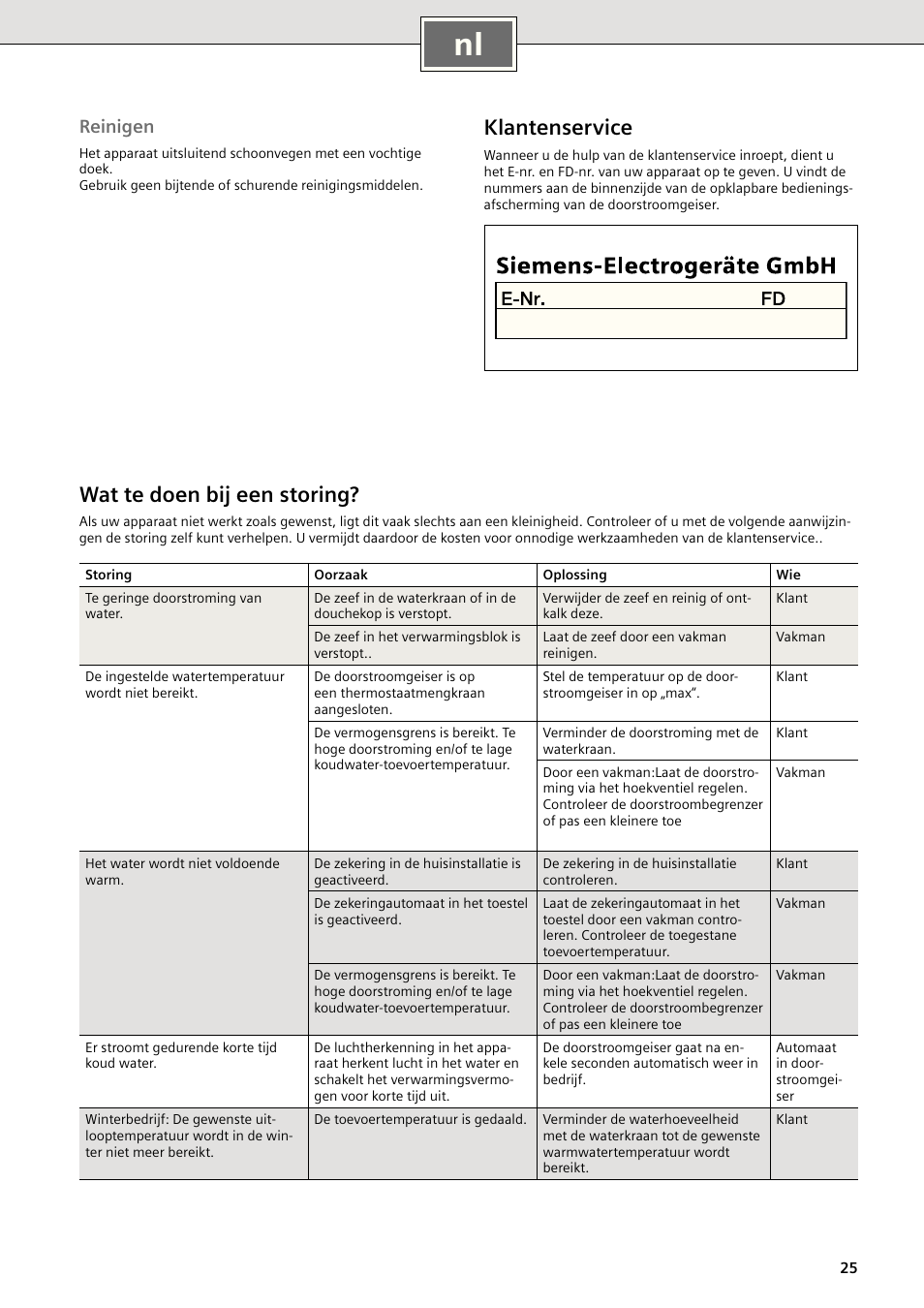 Klantenservice, Wat te doen bij een storing, Reinigen | Siemens DE18401 User Manual | Page 33 / 48