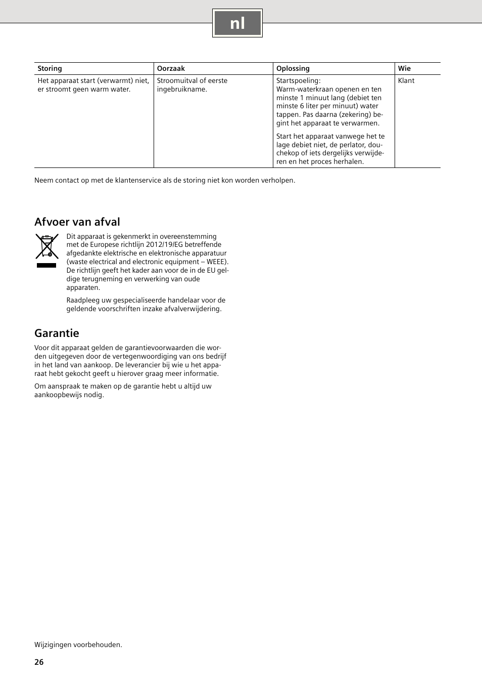 Afvoer van afval, Garantie | Siemens DE18401 User Manual | Page 34 / 48