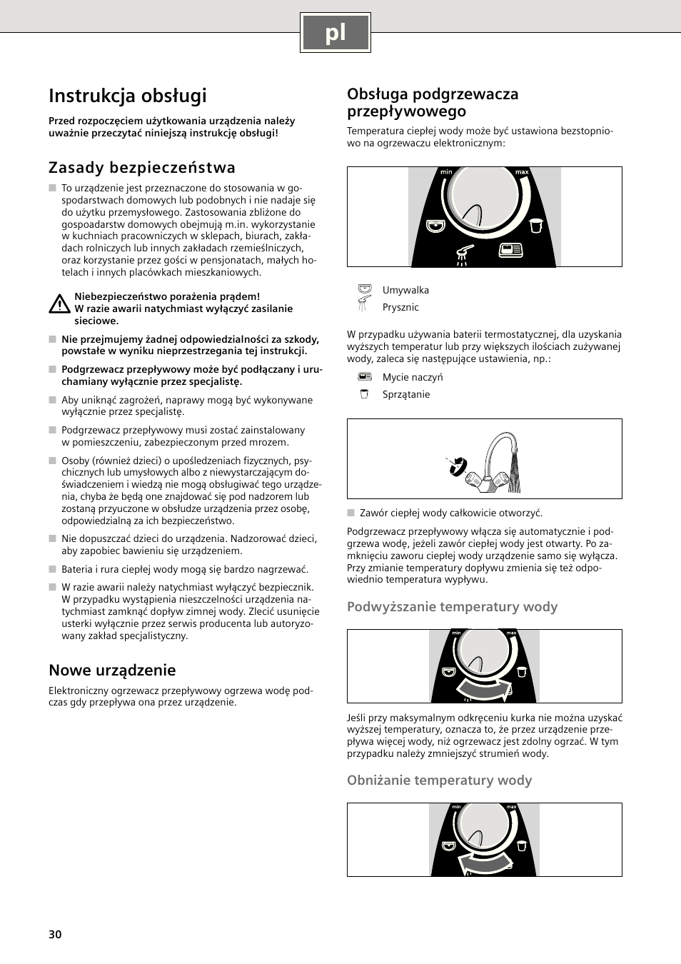 Instrukcja obsługi, Zasady bezpieczeństwa, Nowe urządzenie | Obsługa podgrzewacza przepływowego, Podwyższanie temperatury wody, Obniżanie temperatury wody | Siemens DE18401 User Manual | Page 38 / 48