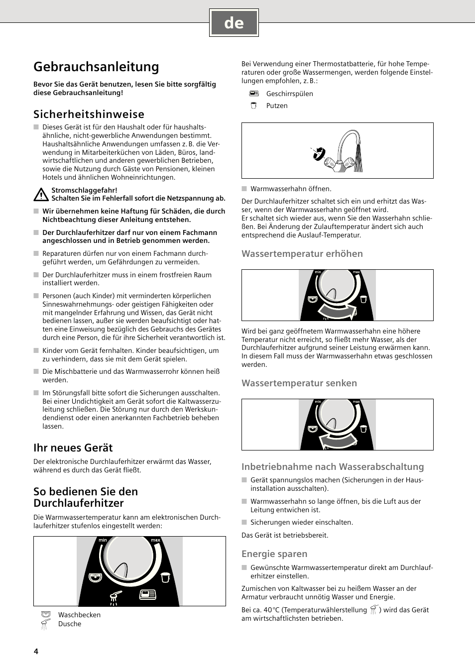 Gebrauchsanleitung, Sicherheitshinweise, Ihr neues gerät | So bedienen sie den durchlauferhitzer, Wassertemperatur erhöhen, Energie sparen | Siemens DE18401 User Manual | Page 4 / 48