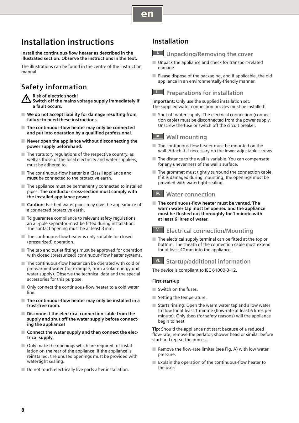 Installation instructions, Safety information, Installation | Unpacking/removing the cover, Preparations for installation, Wall mounting, Water connection, Electrical connection/mounting, Startup/additional information | Siemens DE18401 User Manual | Page 8 / 48