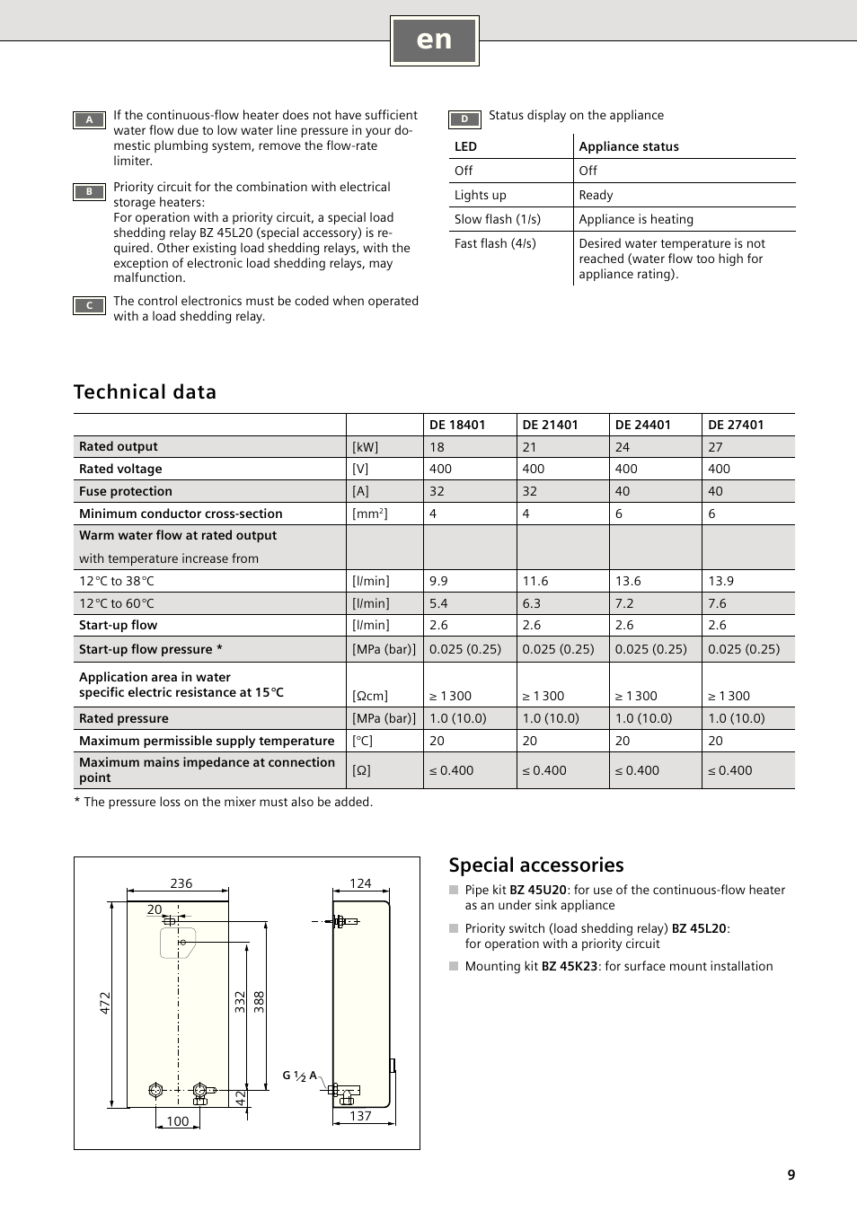 Technical data, Special accessories | Siemens DE18401 User Manual | Page 9 / 48