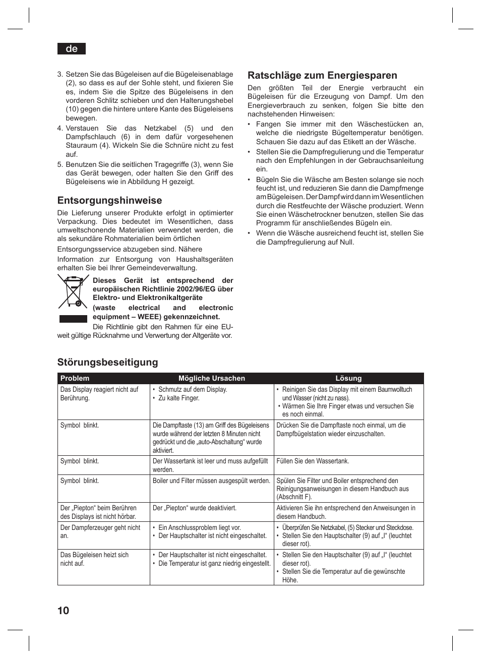 Entsorgungshinweise, Ratschläge zum energiesparen, Störungsbeseitigung | Siemens TS45359 User Manual | Page 10 / 156