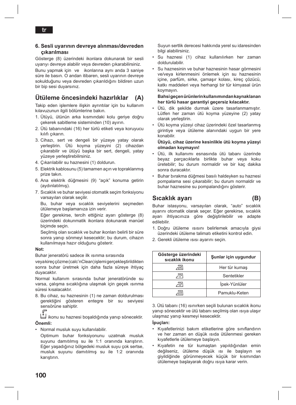 Ütüleme öncesindeki hazırlıklar (a), Sıcaklık ayarı (b) | Siemens TS45359 User Manual | Page 100 / 156