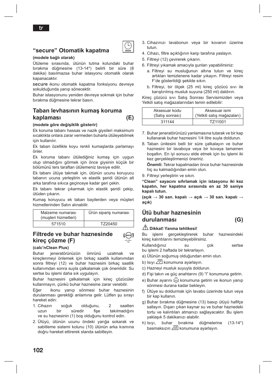 Tr “secure” otomatik kapatma, Taban levhasının kumaş koruma kaplaması (e), Filtrede ve buhar haznesinde kireç çözme (f) | Ütü buhar haznesinin durulanması (g) | Siemens TS45359 User Manual | Page 102 / 156