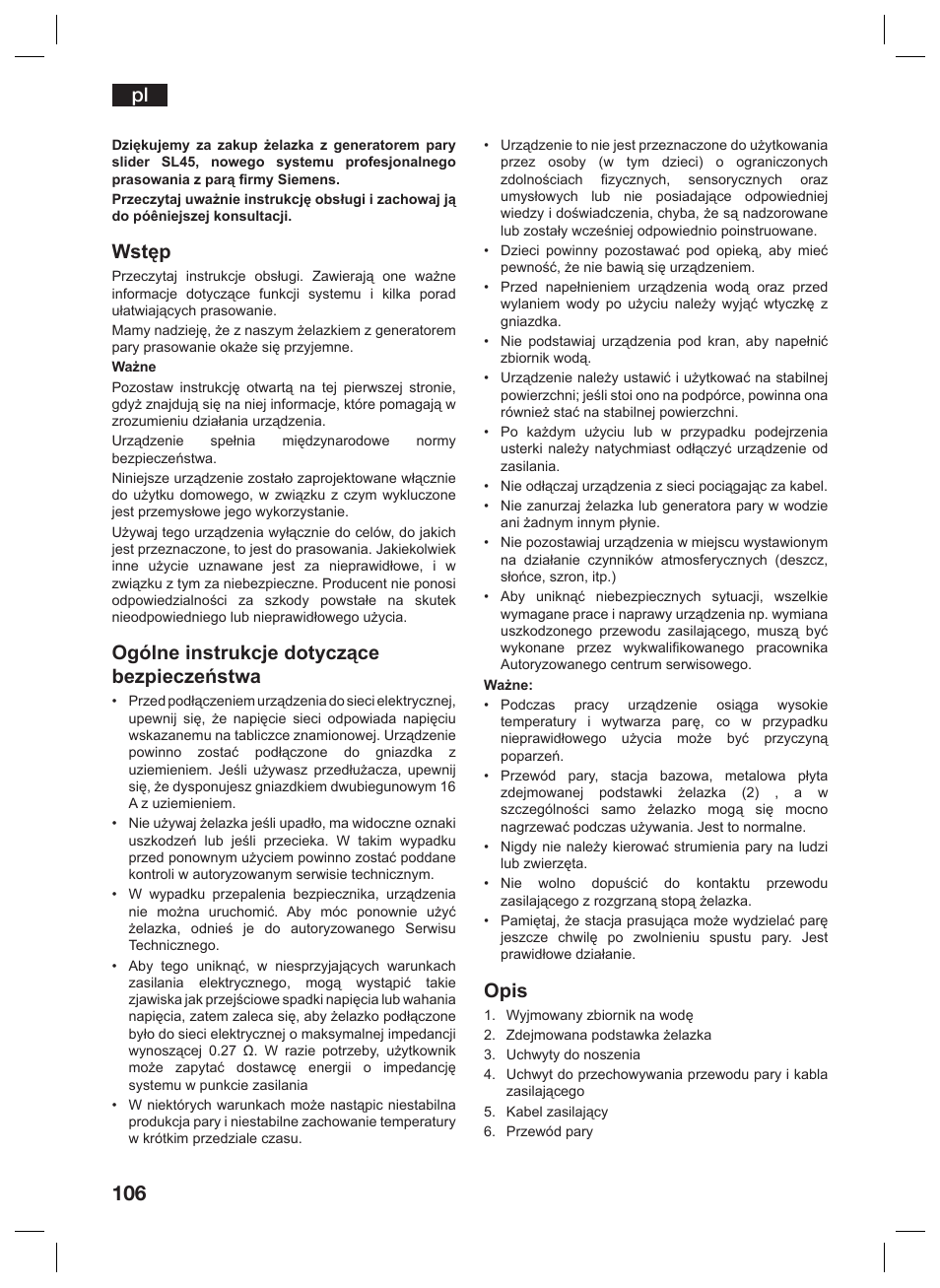 Wstęp, Ogólne instrukcje dotyczące bezpieczeństwa, Opis | Siemens TS45359 User Manual | Page 106 / 156