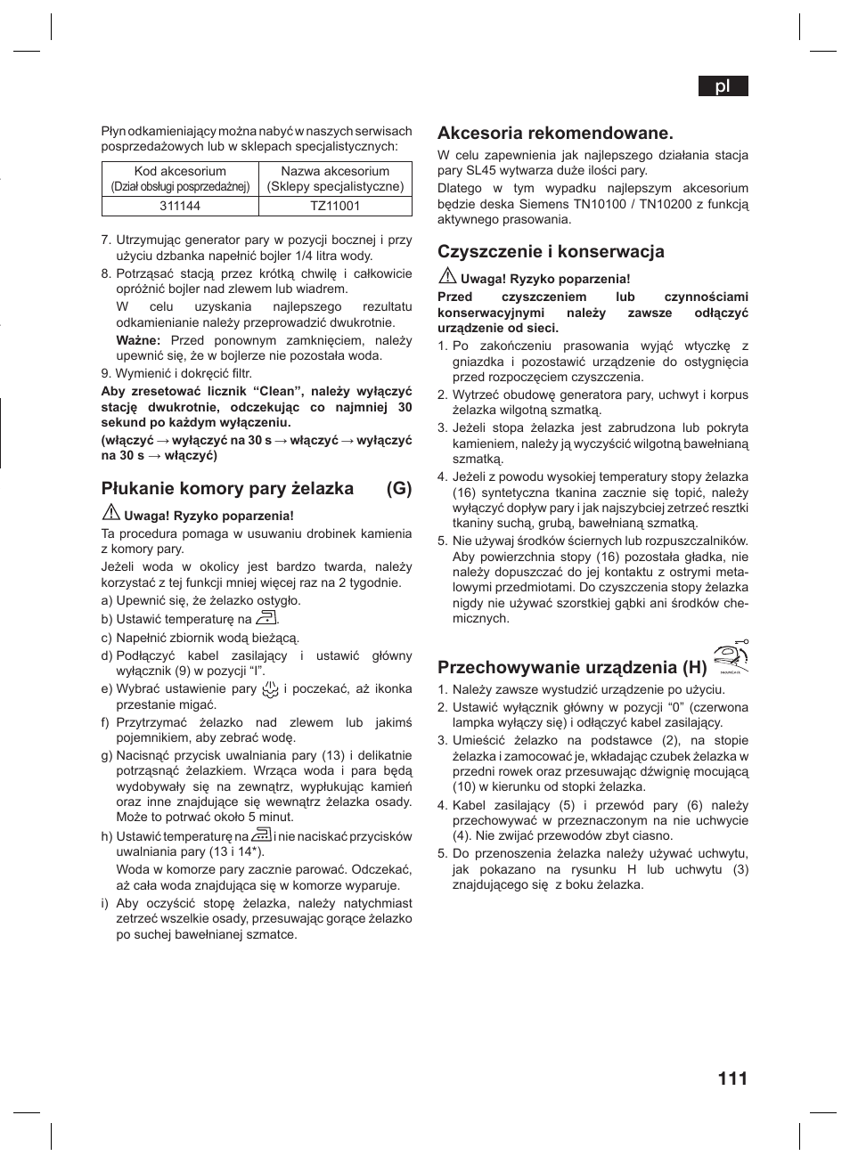 Płukanie komory pary żelazka (g), Akcesoria rekomendowane, Czyszczenie i konserwacja | Przechowywanie urządzenia (h) | Siemens TS45359 User Manual | Page 111 / 156