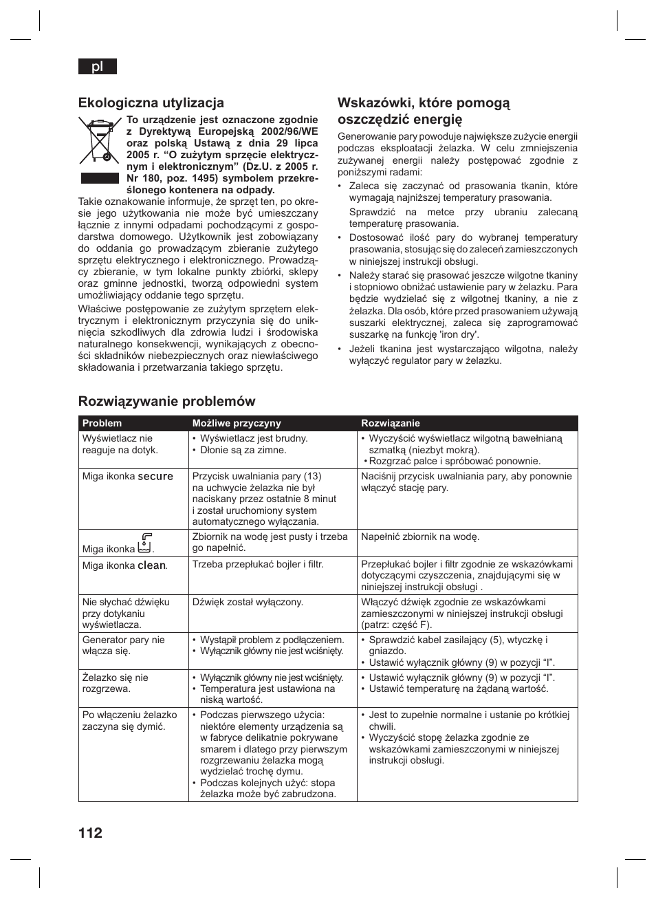 Ekologiczna utylizacja, Wskazówki, które pomogą oszczędzić energię, Rozwiązywanie problemów | Siemens TS45359 User Manual | Page 112 / 156