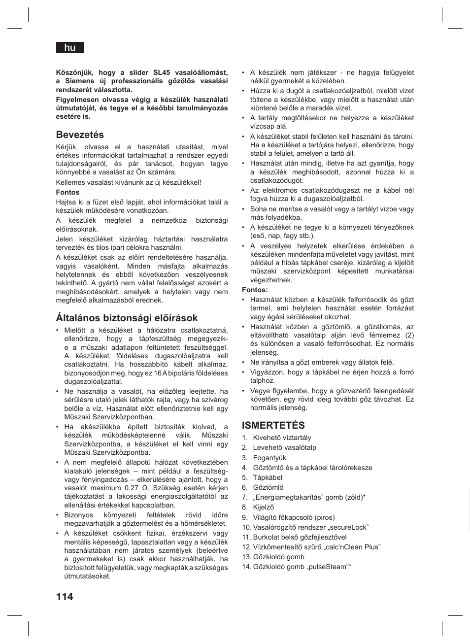 Bevezetés, Általános biztonsági előírások, Ismertetés | Siemens TS45359 User Manual | Page 114 / 156