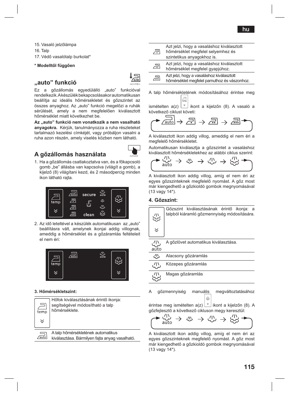 Auto” funkció, A gőzállomás használata | Siemens TS45359 User Manual | Page 115 / 156