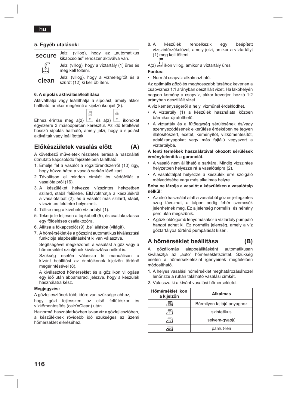 Előkészületek vasalás előtt (a), A hőmérséklet beállítása (b), Hu v | Siemens TS45359 User Manual | Page 116 / 156