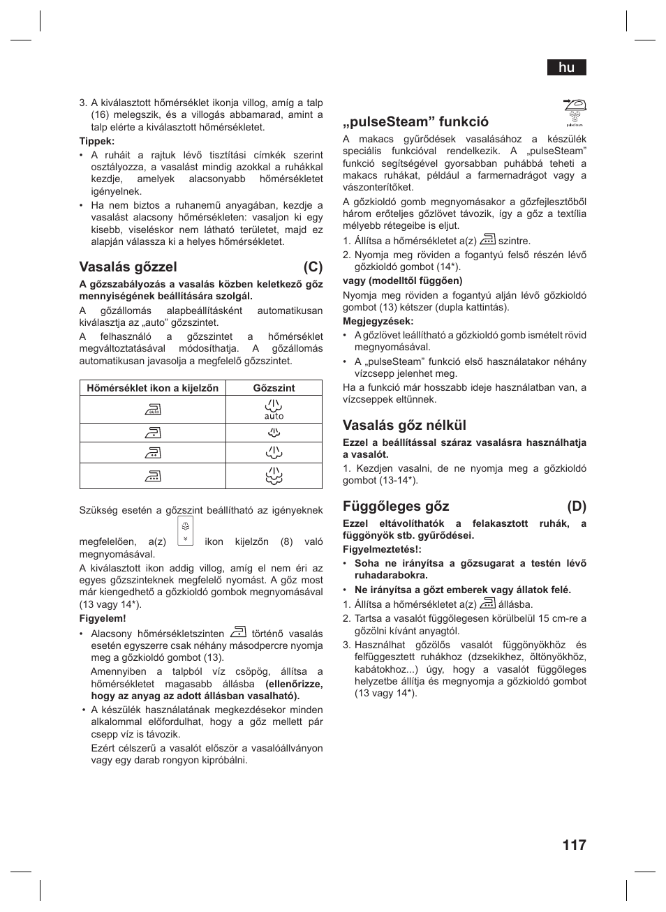 Vasalás gőzzel (c), Pulsesteam” funkció, Vasalás gőz nélkül | Függőleges gőz (d) | Siemens TS45359 User Manual | Page 117 / 156