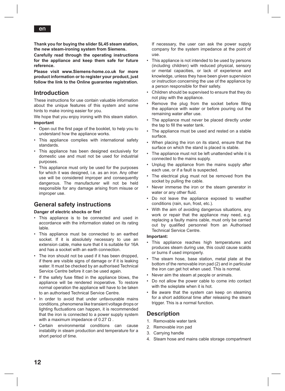 Introduction, General safety instructions, Description | Siemens TS45359 User Manual | Page 12 / 156