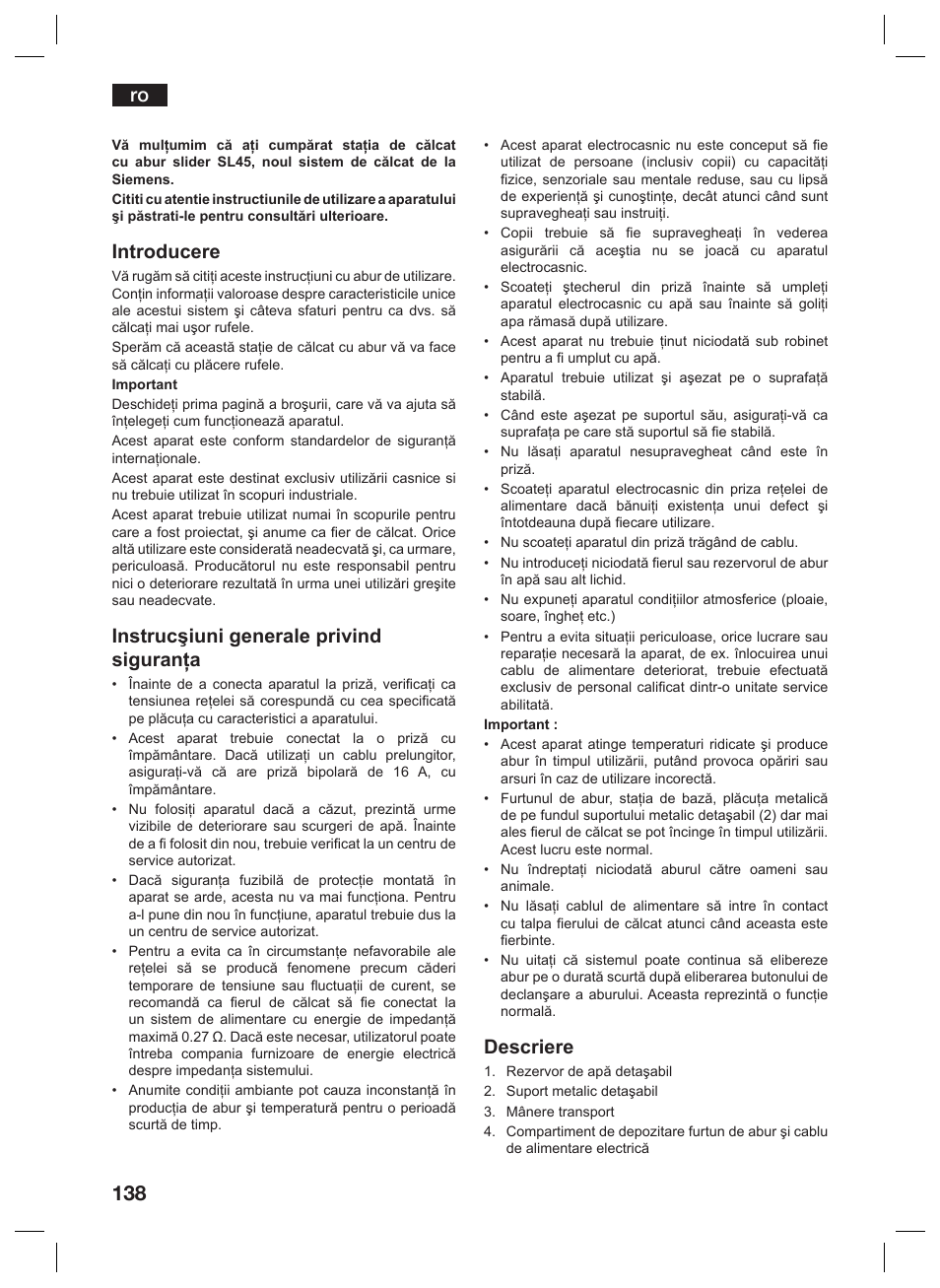 Introducere, Instrucşiuni generale privind siguranţa, Descriere | Siemens TS45359 User Manual | Page 138 / 156