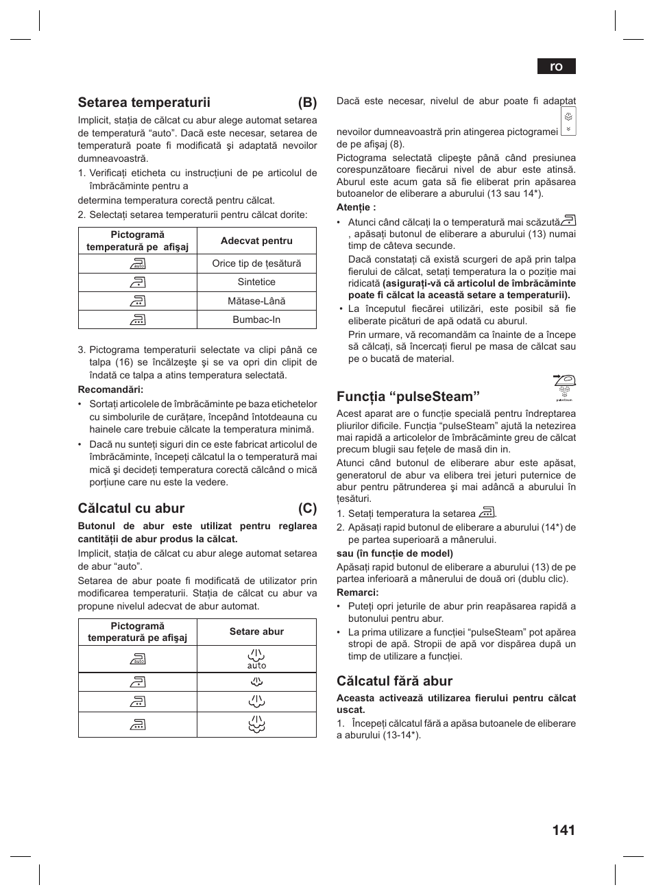 Ro setarea temperaturii (b), Călcatul cu abur (c), Funcţia “pulsesteam | Călcatul fără abur | Siemens TS45359 User Manual | Page 141 / 156