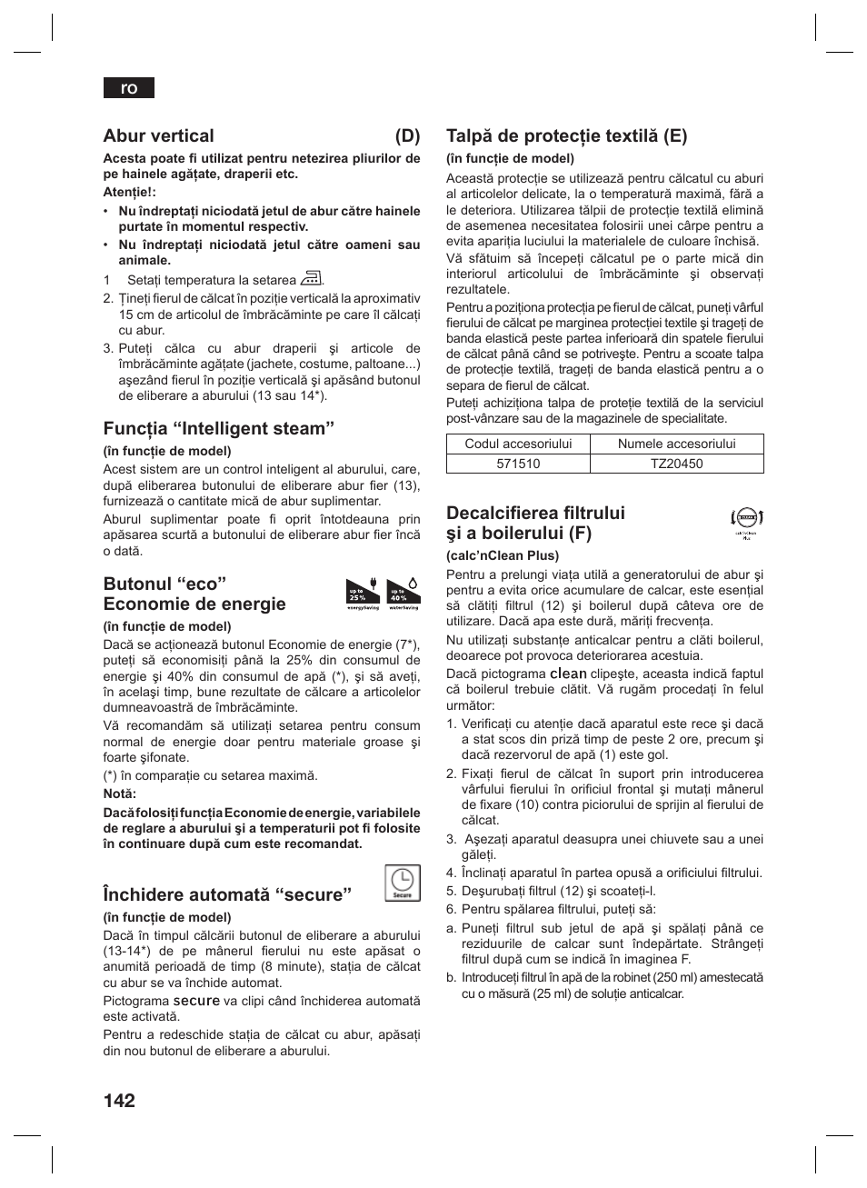 Ro abur vertical (d), Funcţia “intelligent steam, Butonul “eco” economie de energie | Închidere automată “secure, Talpă de protecţie textilă (e), Decalcifierea filtrului şi a boilerului (f) | Siemens TS45359 User Manual | Page 142 / 156
