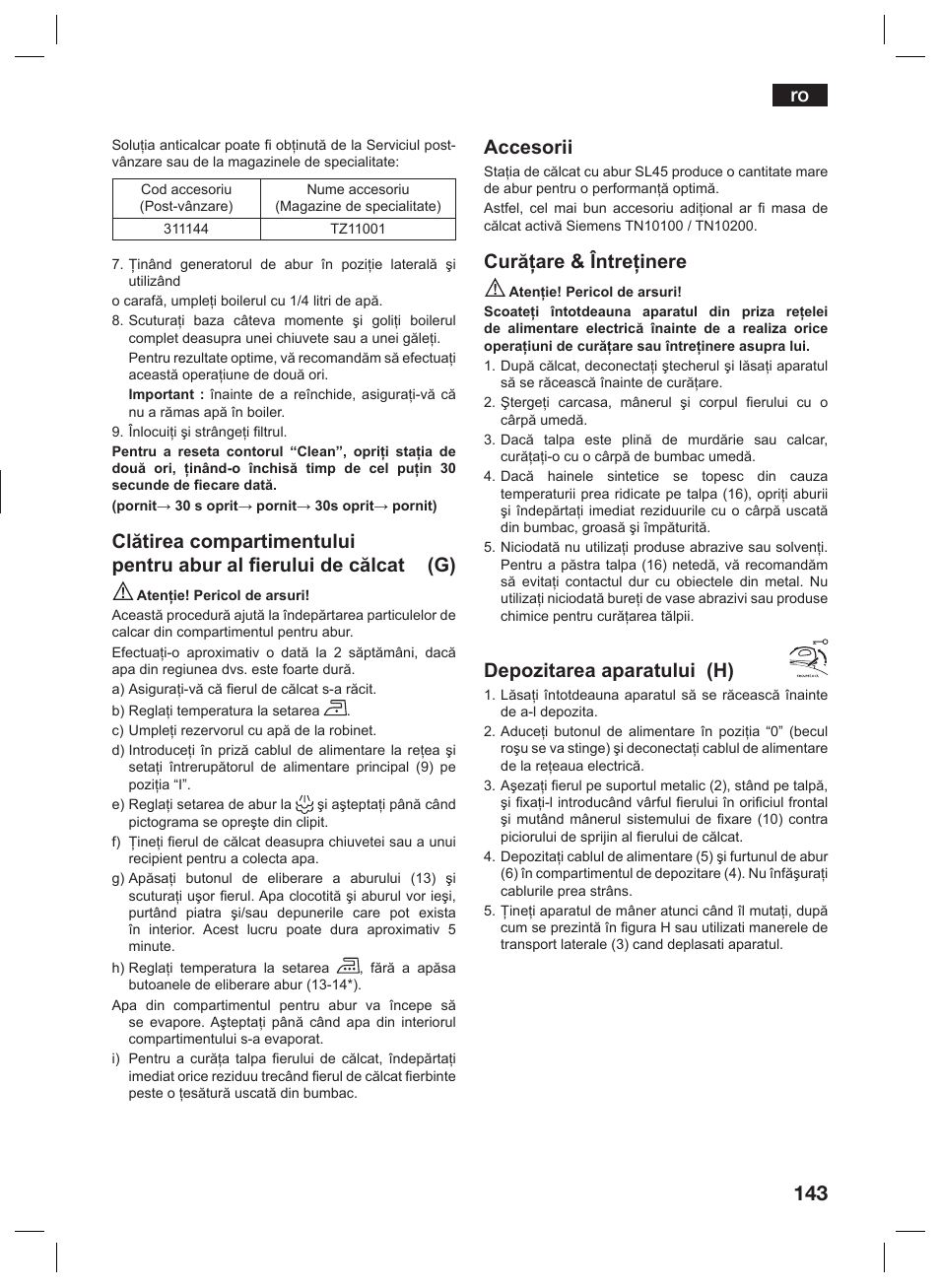 Accesorii, Curăţare & întreţinere, Depozitarea aparatului (h) | Siemens TS45359 User Manual | Page 143 / 156