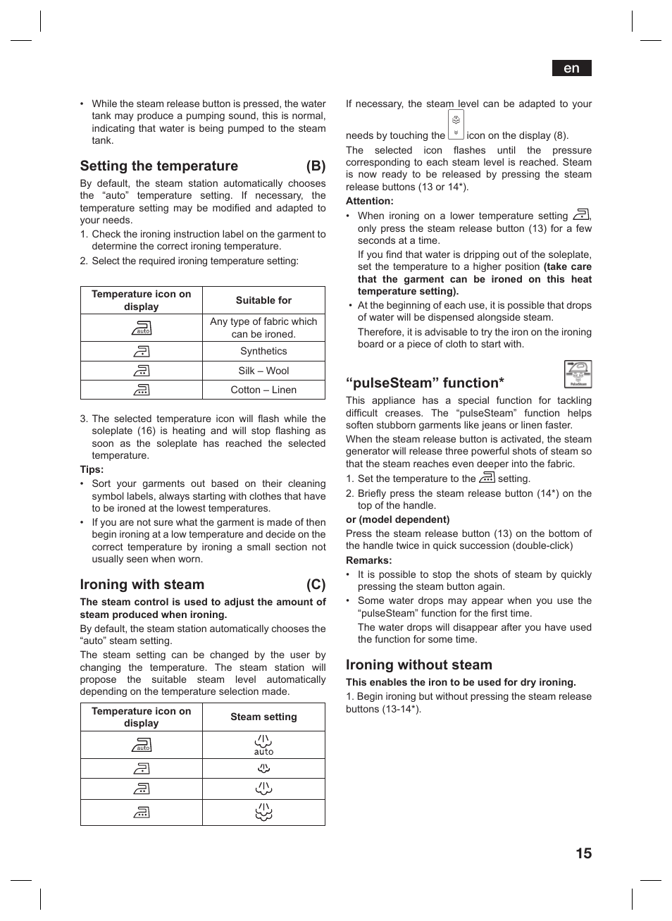 Setting the temperature (b), Ironing with steam (c), Pulsesteam” function | Ironing without steam | Siemens TS45359 User Manual | Page 15 / 156