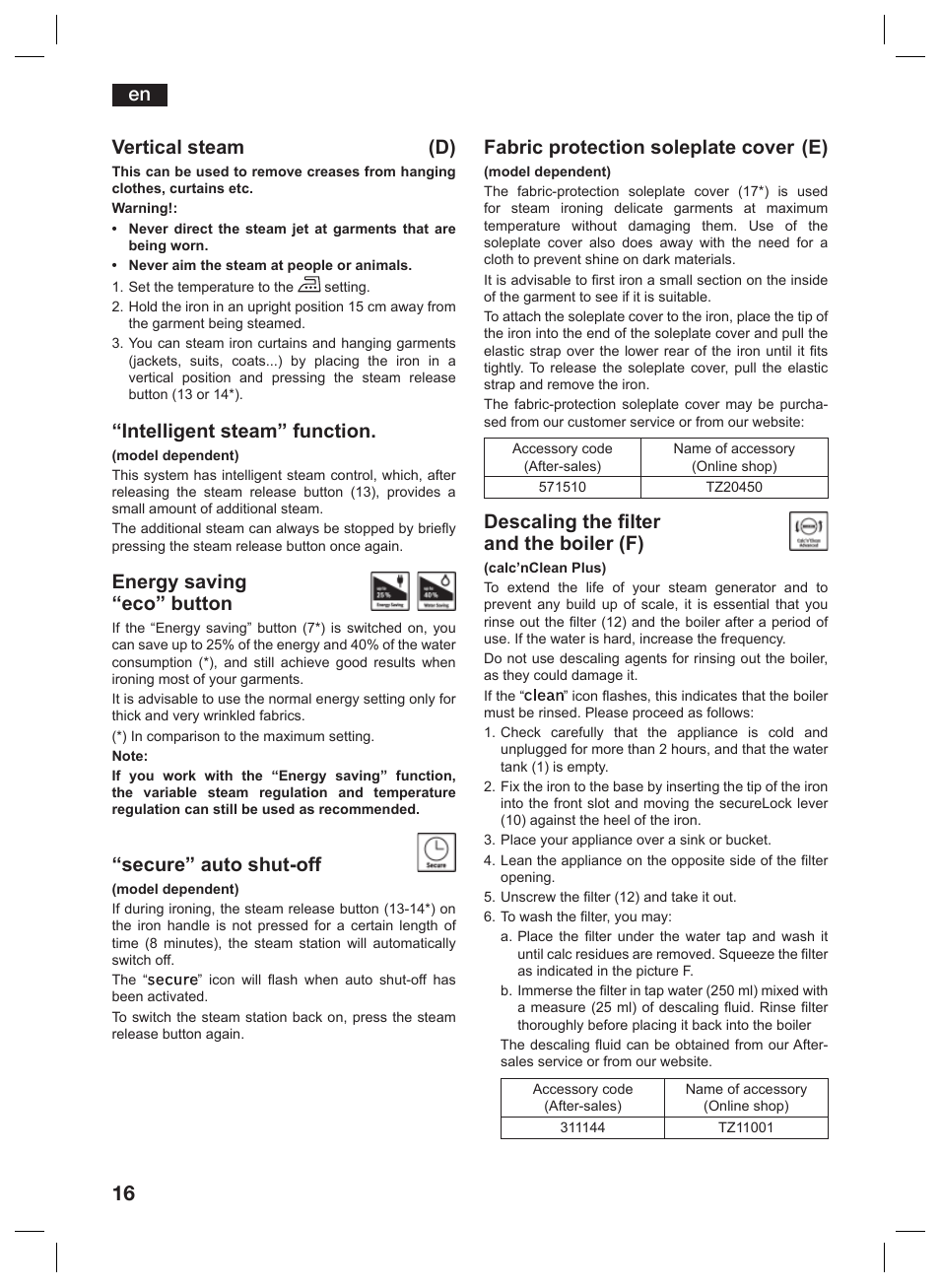 Vertical steam (d), Intelligent steam” function, Energy saving “eco” button | Secure” auto shut-off, Fabric protection soleplate cover (e), Descaling the filter and the boiler (f) | Siemens TS45359 User Manual | Page 16 / 156