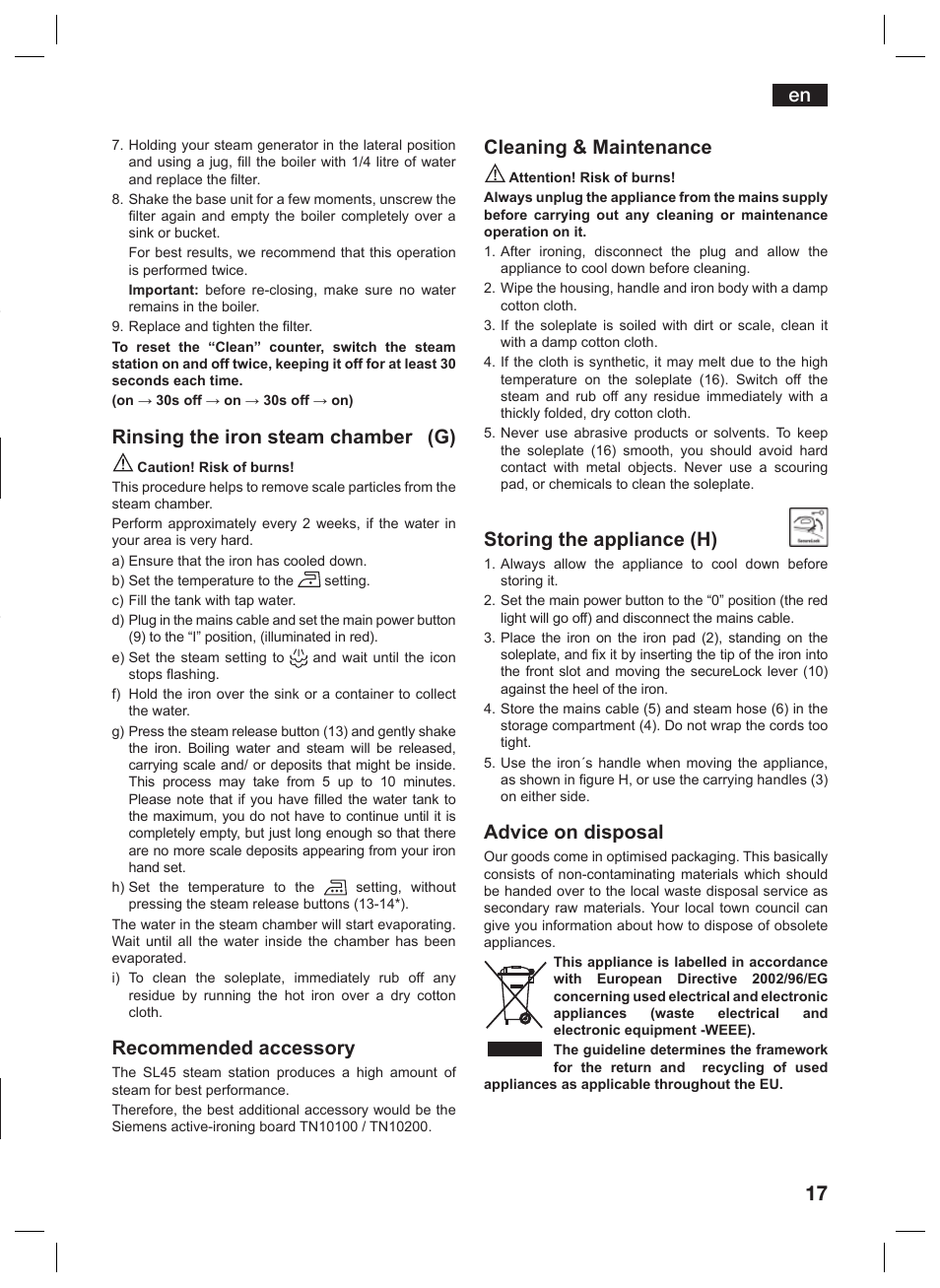 Rinsing the iron steam chamber (g), Recommended accessory, Cleaning & maintenance | Storing the appliance (h), Advice on disposal | Siemens TS45359 User Manual | Page 17 / 156