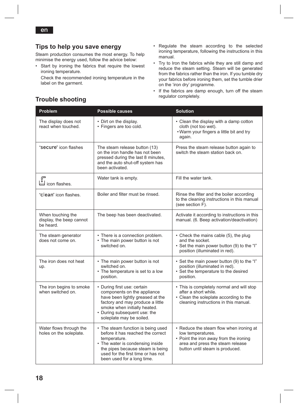 Trouble shooting, En tips to help you save energy | Siemens TS45359 User Manual | Page 18 / 156