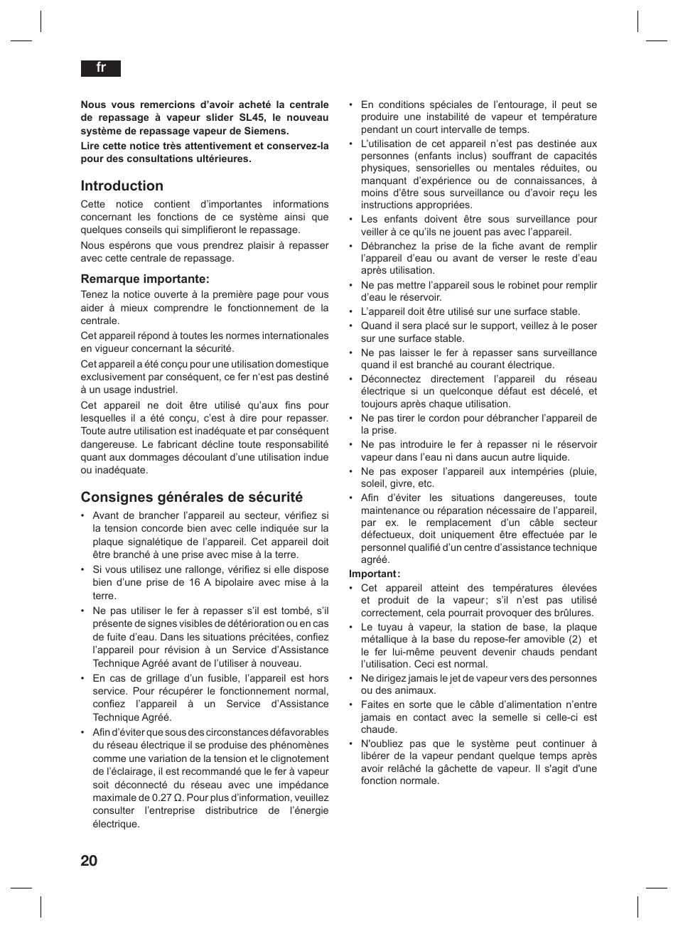 Introduction, Consignes générales de sécurité | Siemens TS45359 User Manual | Page 20 / 156