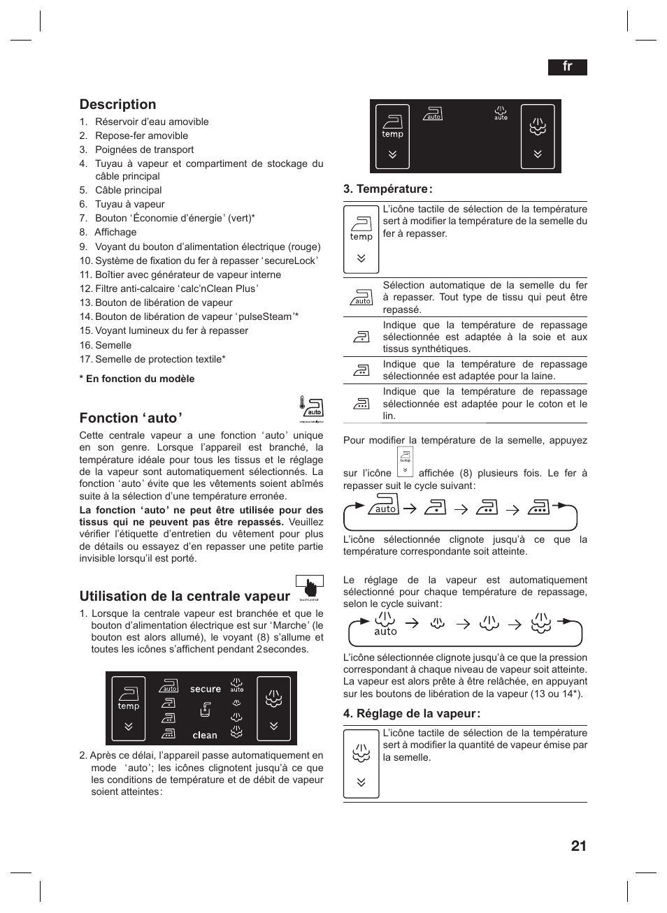 Description, Fonction ‘ auto, Utilisation de la centrale vapeur | Siemens TS45359 User Manual | Page 21 / 156