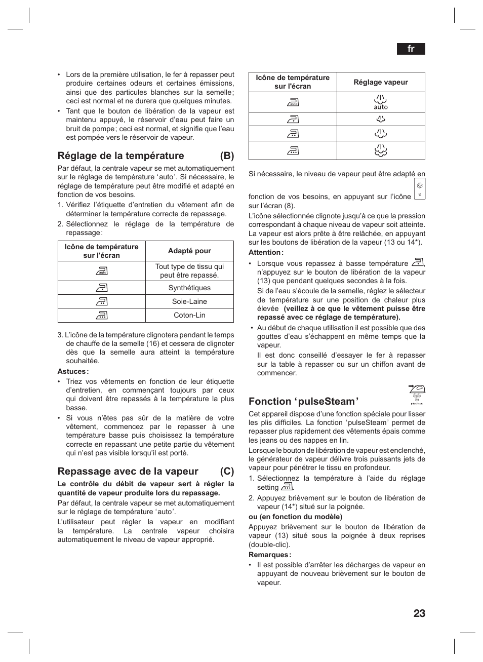 Réglage de la température (b), Repassage avec de la vapeur (c), Fonction ‘ pulsesteam | Siemens TS45359 User Manual | Page 23 / 156