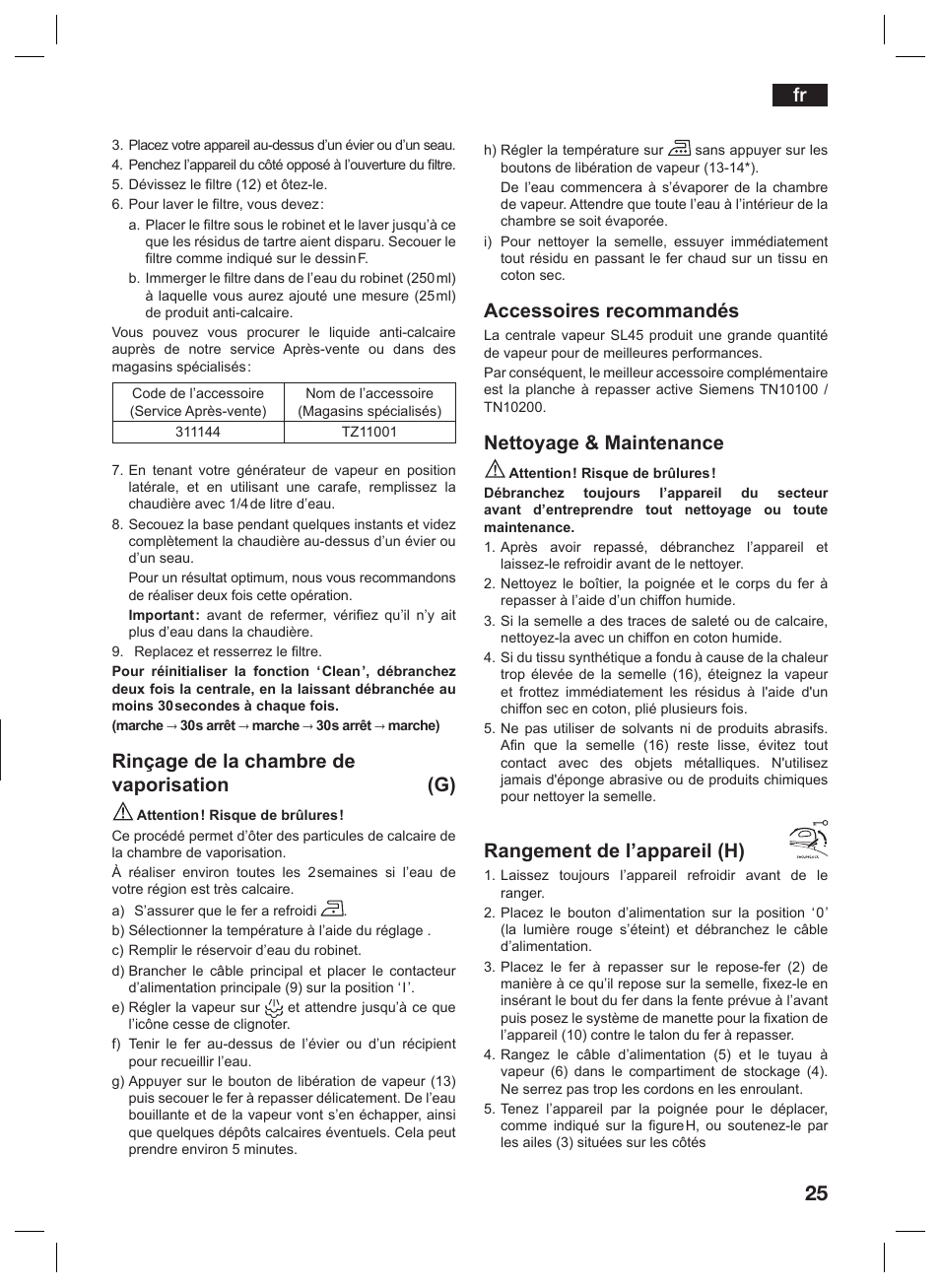 Rinçage de la chambre de vaporisation (g), Accessoires recommandés, Nettoyage & maintenance | Rangement de l’appareil (h) | Siemens TS45359 User Manual | Page 25 / 156