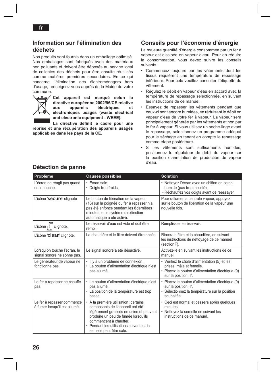 Fr conseils pour l’économie d’énergie, Détection de panne, Information sur l’élimination des déchets | Siemens TS45359 User Manual | Page 26 / 156