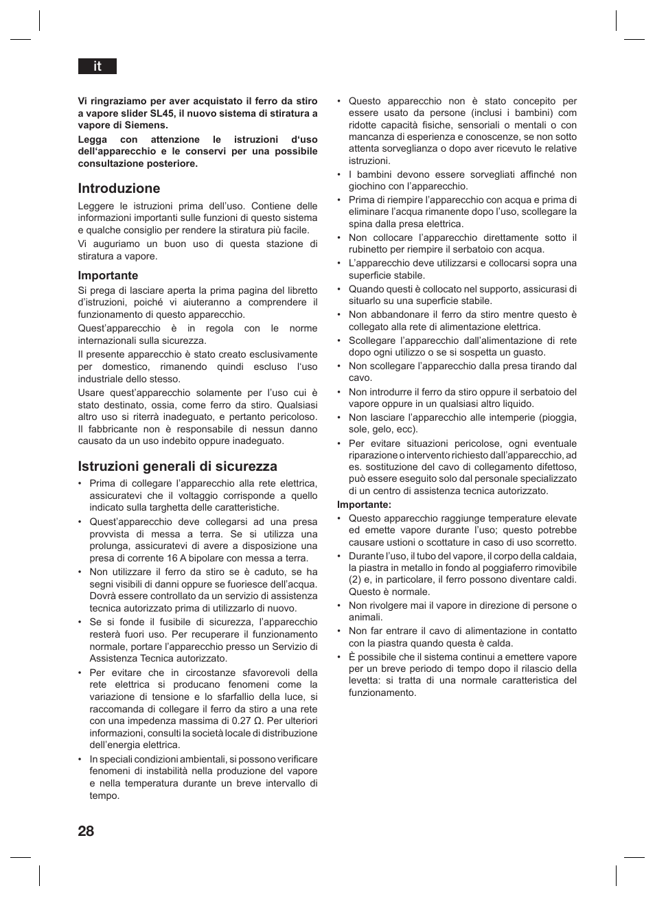 Introduzione, Istruzioni generali di sicurezza | Siemens TS45359 User Manual | Page 28 / 156