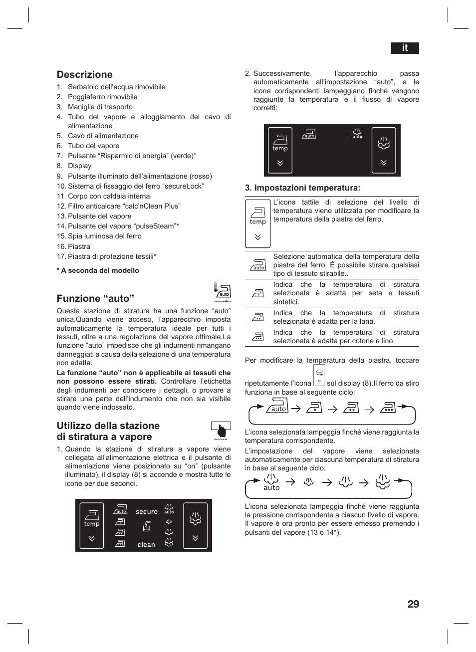 It descrizione, Funzione “auto, Utilizzo della stazione di stiratura a vapore | Siemens TS45359 User Manual | Page 29 / 156