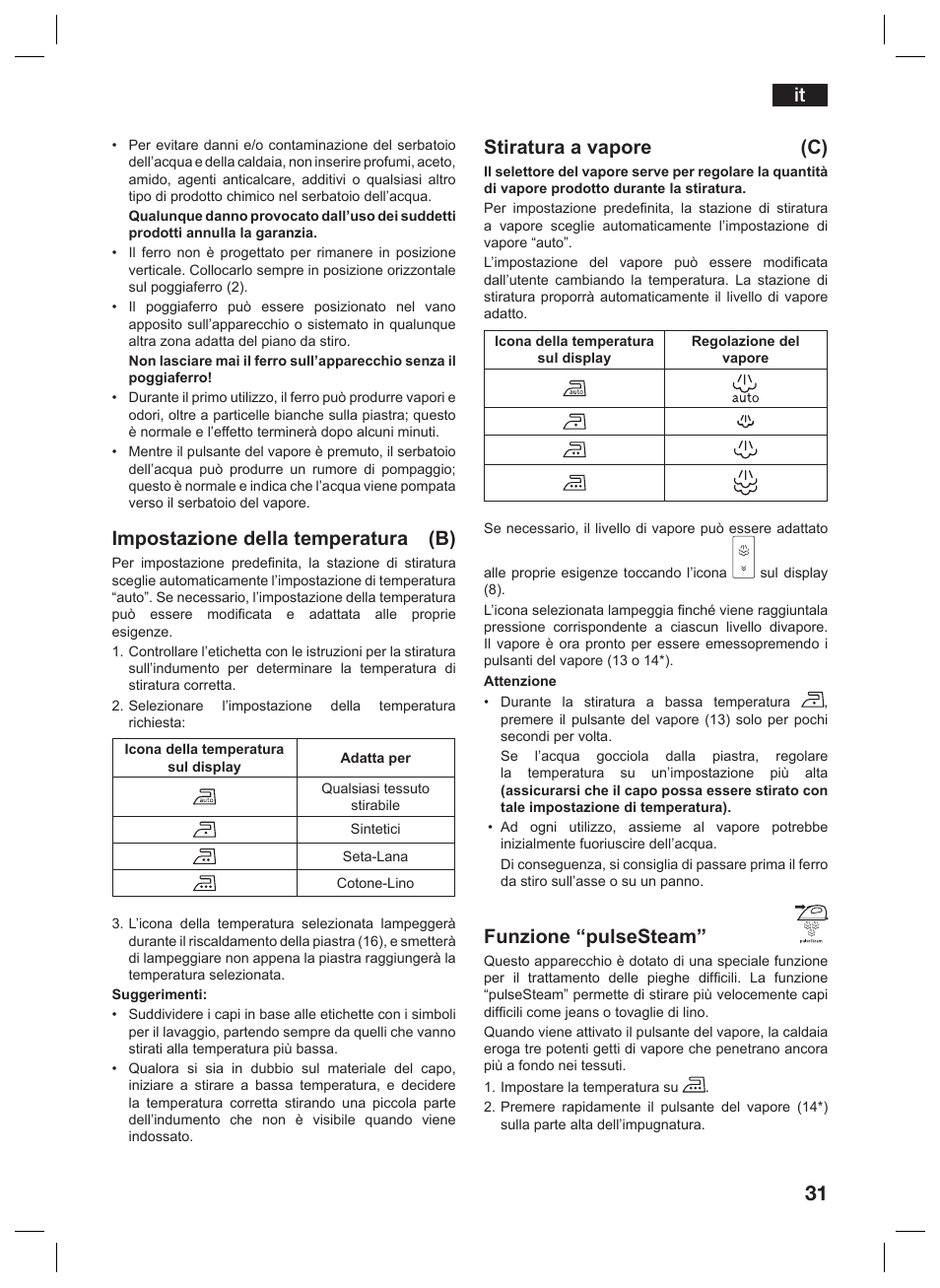 Impostazione della temperatura (b), Stiratura a vapore (c), Funzione “pulsesteam | Siemens TS45359 User Manual | Page 31 / 156