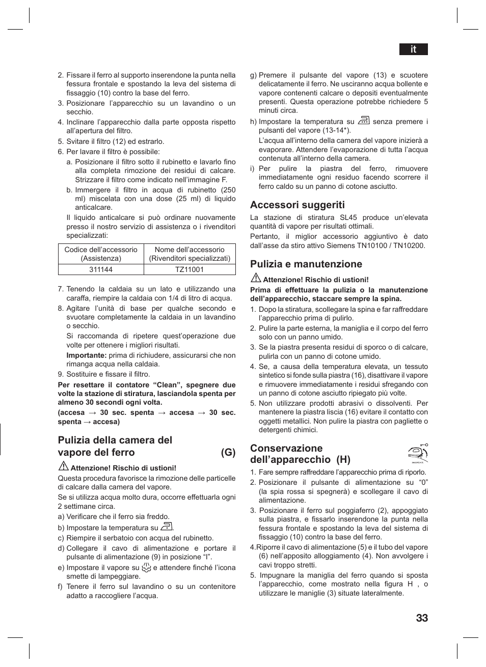 Pulizia della camera del vapore del ferro (g), Accessori suggeriti, Pulizia e manutenzione | Conservazione dell’apparecchio (h) | Siemens TS45359 User Manual | Page 33 / 156