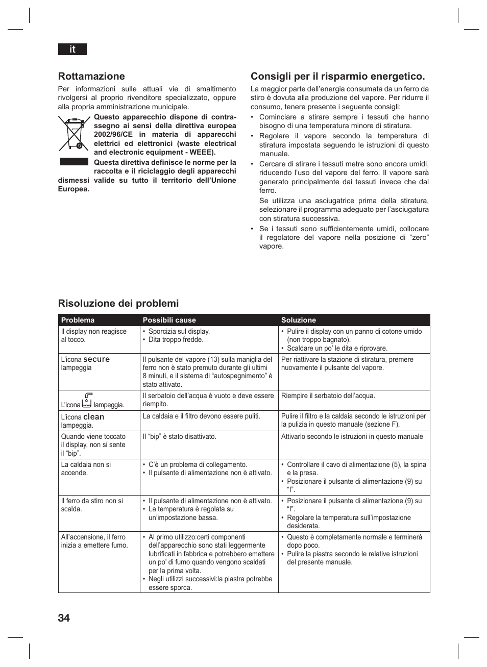 It risoluzione dei problemi, Rottamazione, Consigli per il risparmio energetico | Siemens TS45359 User Manual | Page 34 / 156