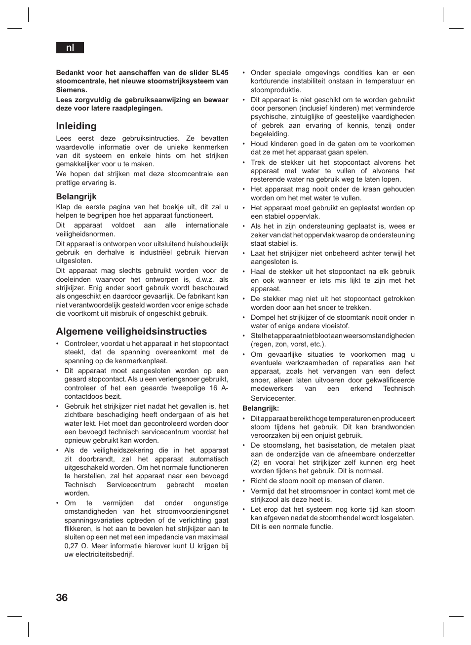 Inleiding, Algemene veiligheidsinstructies | Siemens TS45359 User Manual | Page 36 / 156