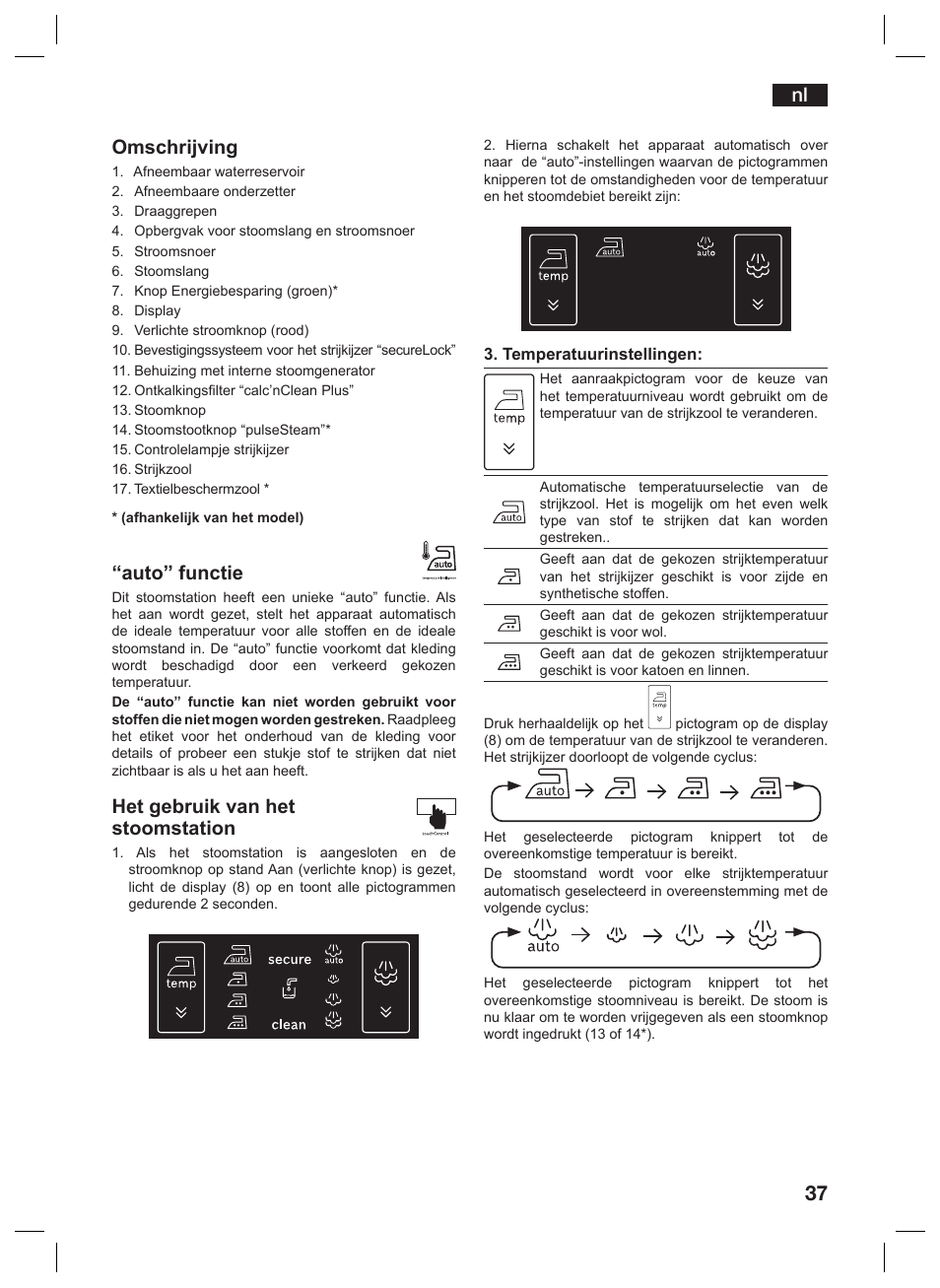 Nl omschrijving, Auto” functie, Het gebruik van het stoomstation | Siemens TS45359 User Manual | Page 37 / 156