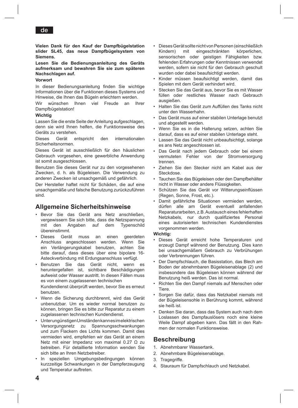 Allgemeine sicherheitshinweise, Beschreibung | Siemens TS45359 User Manual | Page 4 / 156