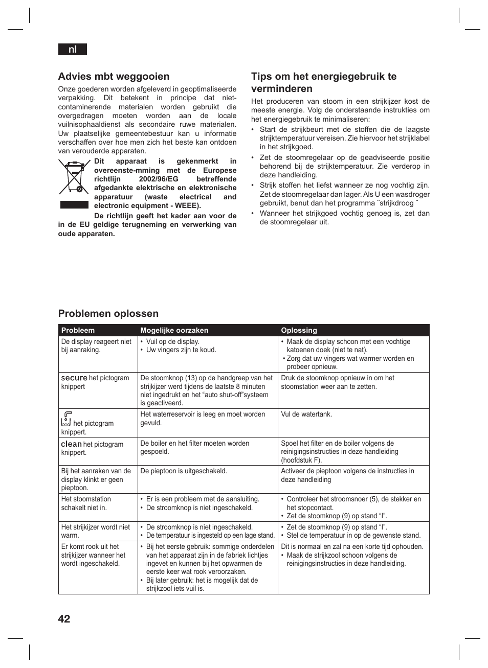 Nl problemen oplossen, Advies mbt weggooien, Tips om het energiegebruik te verminderen | Siemens TS45359 User Manual | Page 42 / 156